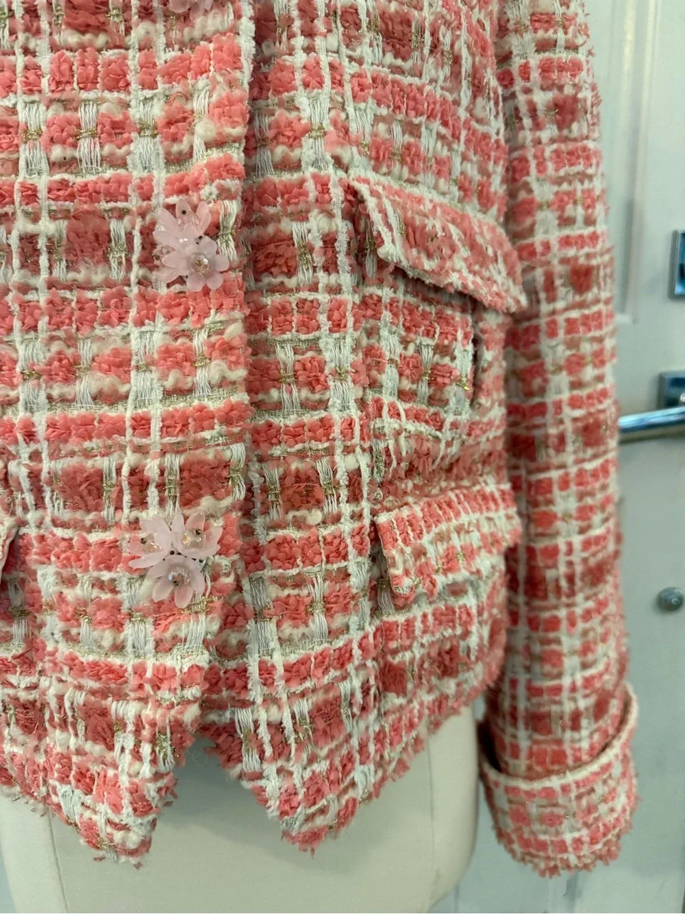 Marie Elie Paris Pink Tweed Jacket Classic Bouclé floral snaps size 40